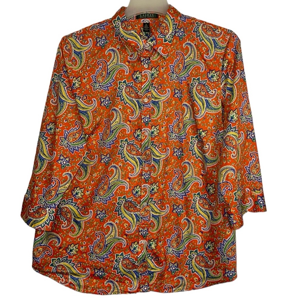Lauren Ralph Lauren Orange Paisley Floral 3/4 Sleeve Button Down Blouse Size 1X